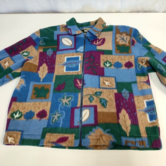 Teddi Petite XL Fleece Jacket Multicolored Leaf & Geometric Pattern Shoulder Pad - Picture 6 of 10